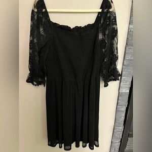 Versatile Ruched Top Black Puff Lace Sleeve Women's Dress